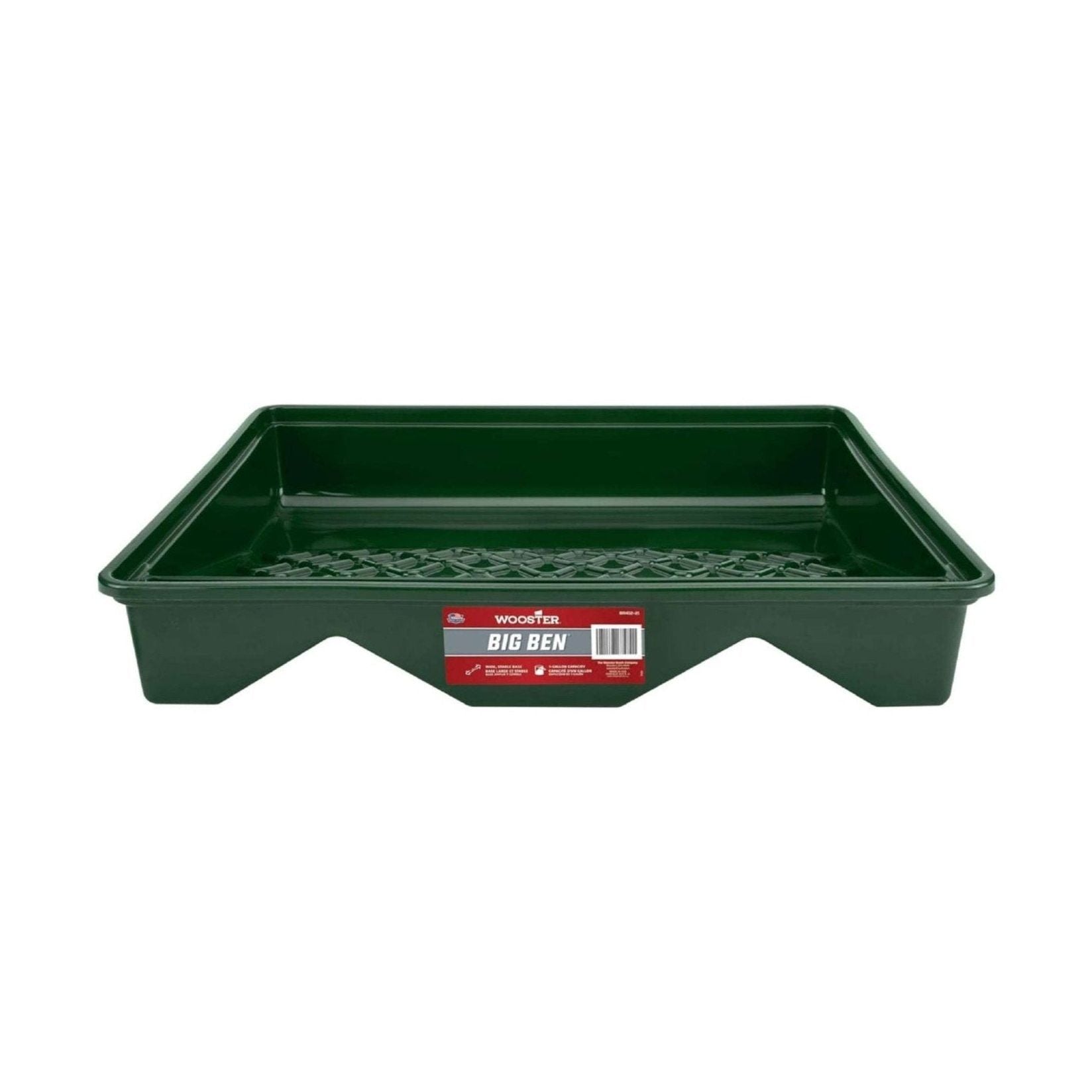 The WOOSTER BR412-21 Big Ben 21 in. plastic tray, offered by WOOSTER, includes a textured base making it perfect for rolling paint rollers. With its essential rectangular shape and sturdy raised edges, this tool is ideal for any painting project.